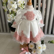 Rochiță de Botez Fetita cu Broderie Turban si Botosei Alb Roz