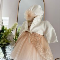 Rochița de Botez Fetițe cu Bolero și Turban Alb Roz Pudra