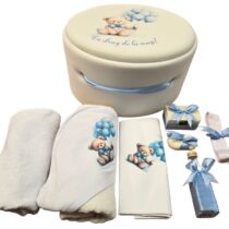 Trusou Botez Baietel Catifea Ursulet Bleu cu Baloane