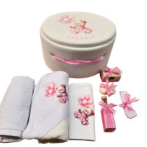 Trusou Botez Fetita Catifea Ursulet Roz cu Baloane