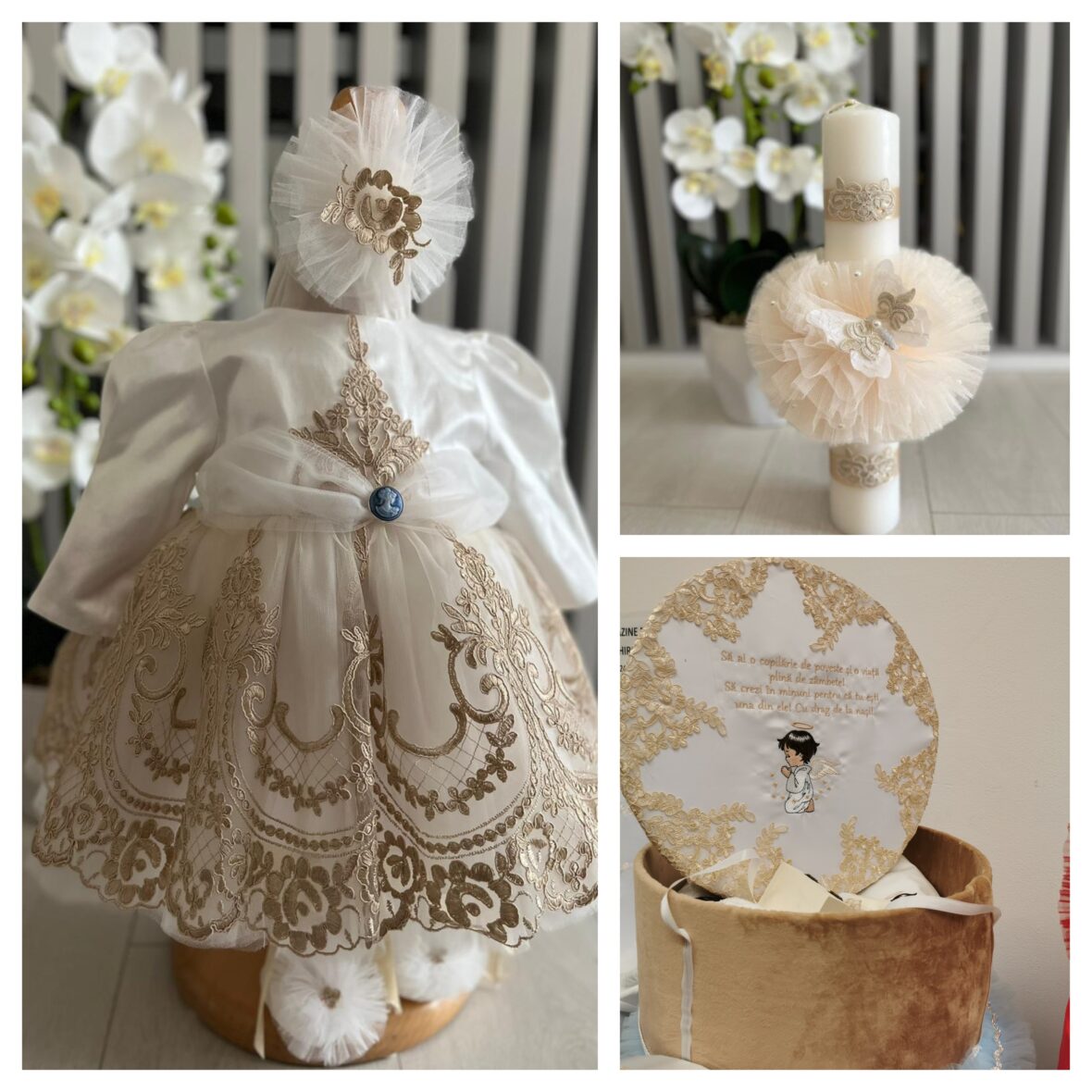 Set Botez Regal Îngerașul Auriu – Rochiță de Lux, Trusou de Catifea și Lumânare Asortată