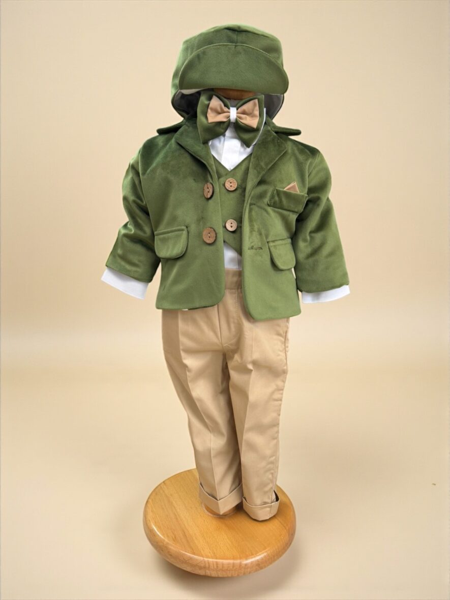 Costum Botez Băieți din Catifea Verde Olive și Bej