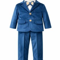Costum Botez Băieți din Catifea Premium, Bleumarin - Model cu Sacou și Beretă