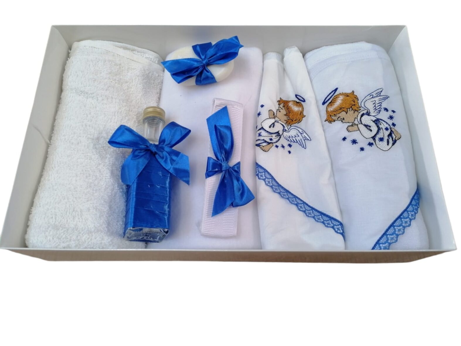Trusou de Botez Personalizat Broderie 7 Piese cu Ingeras Albastru