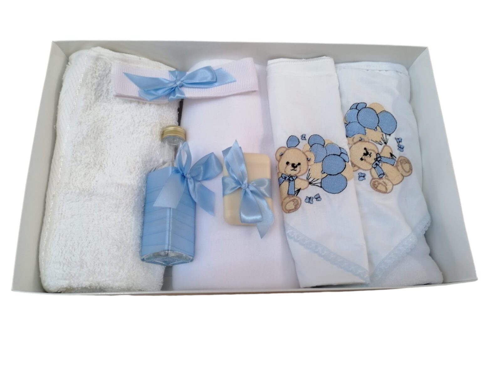 Trusou de Botez Personalizat Broderie 7 Piese Ursulet cu Baloane Bleu