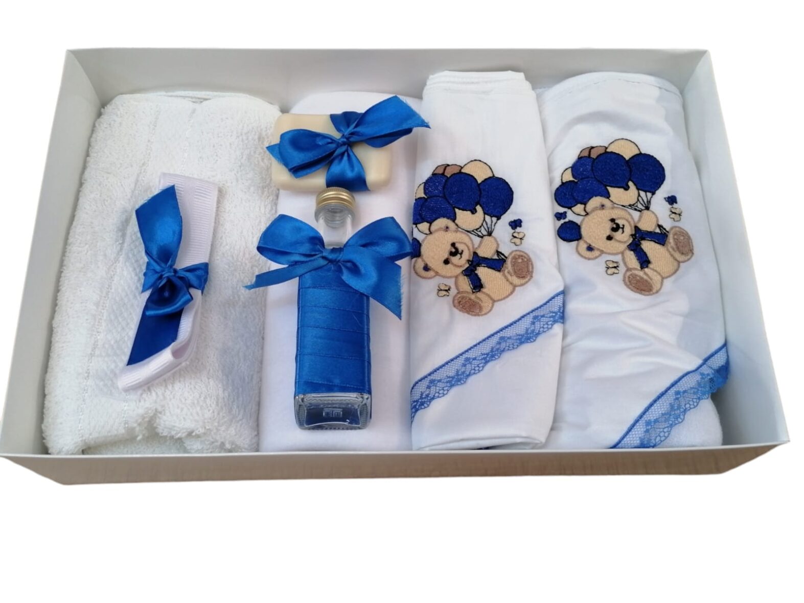 Trusou de Botez Personalizat Broderie 7 Piese Ursulet cu Baloane Albastru