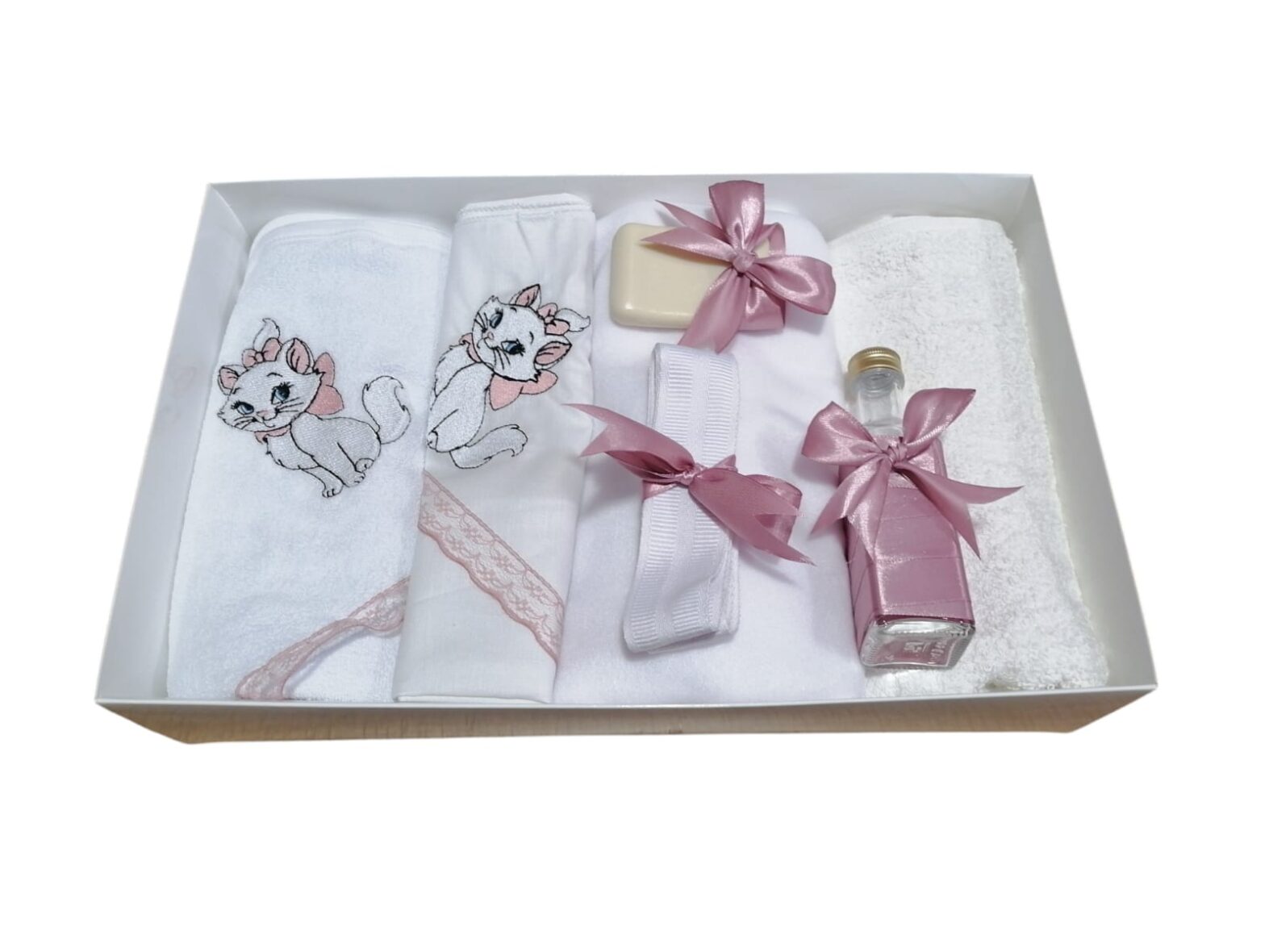 Trusou de Botez Personalizat Broderie 7 Piese Pisicuta Marie Roz