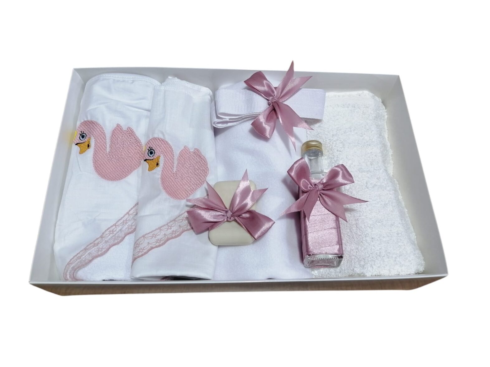 Trusou de Botez Personalizat Broderie 7 Lebada Roz