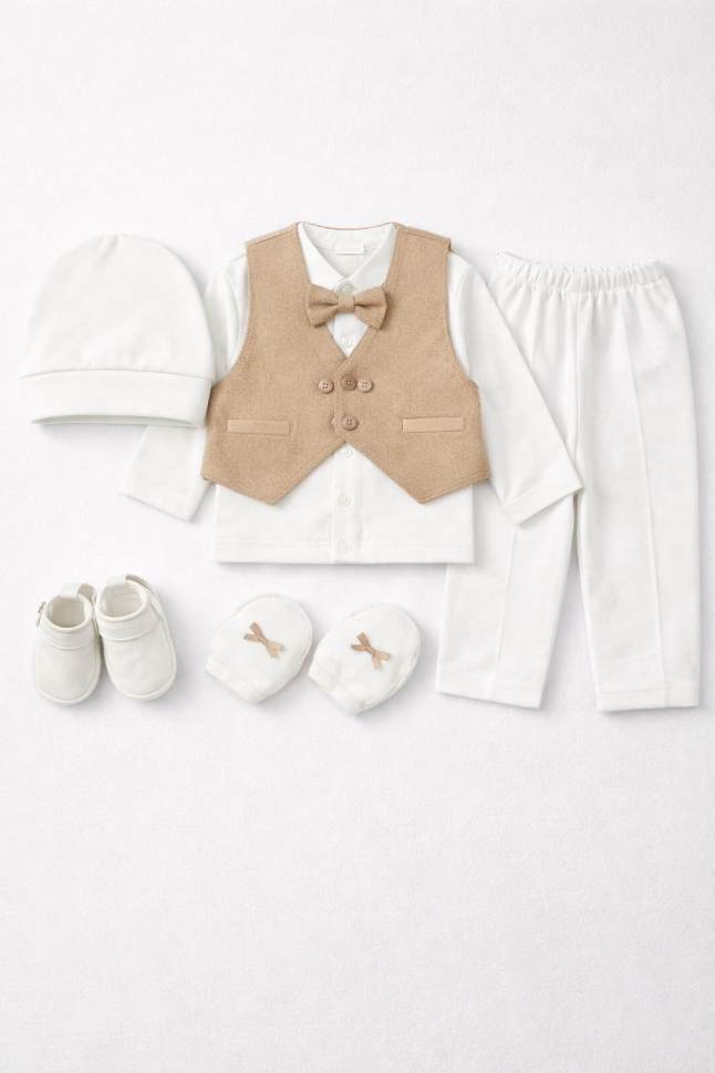 Set Costumas Baieti Nou Nascut 0-3 Luni Alb Crem