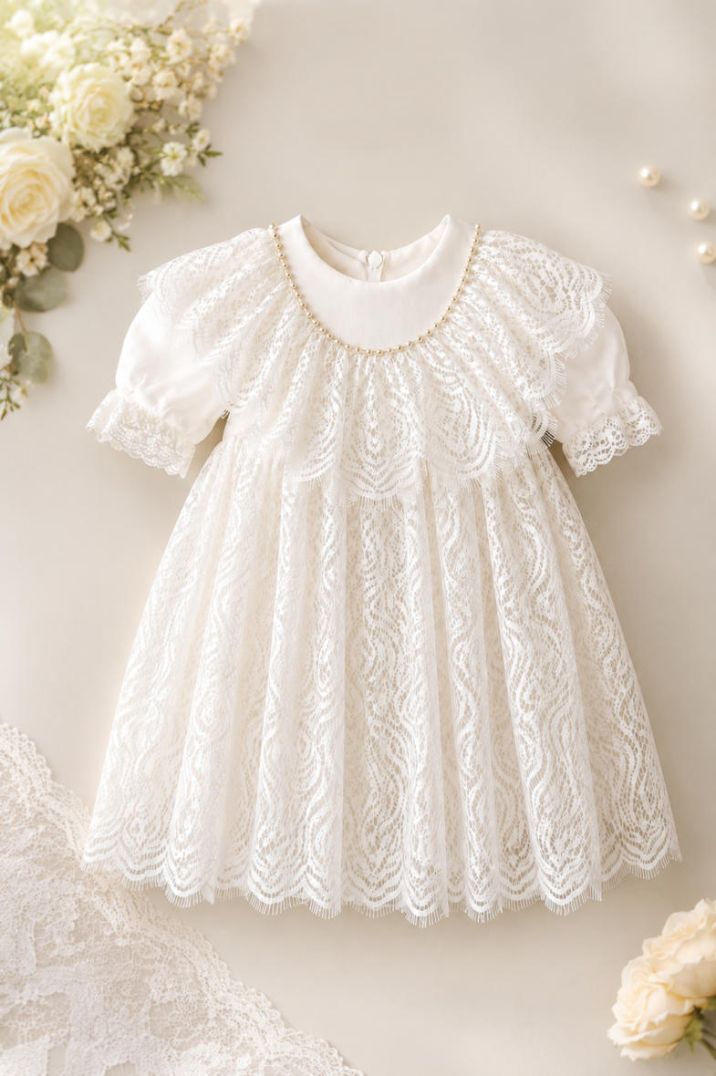 Rochie Alba Botez Ocazii Eleganta pentru Fete cu Dantela si Perle