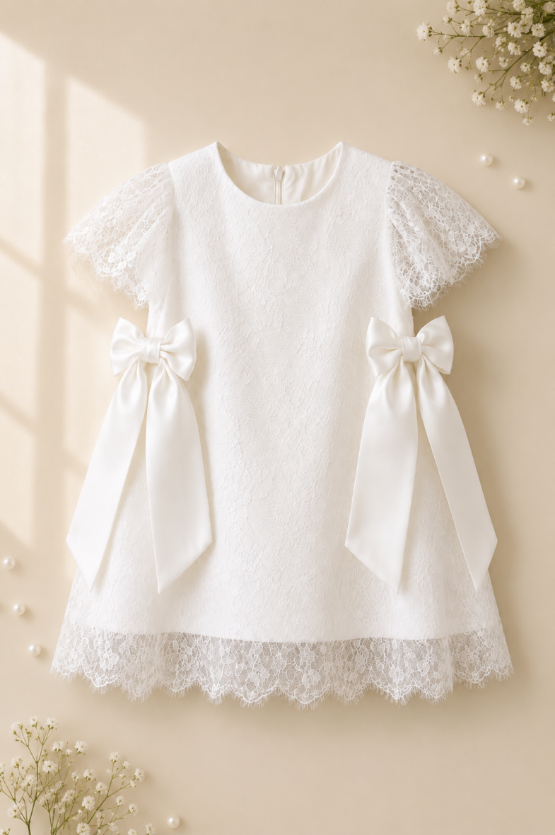 Rochie Alba Botez sau Ocazii pentru Fete cu Funde si Dantela Chantilly