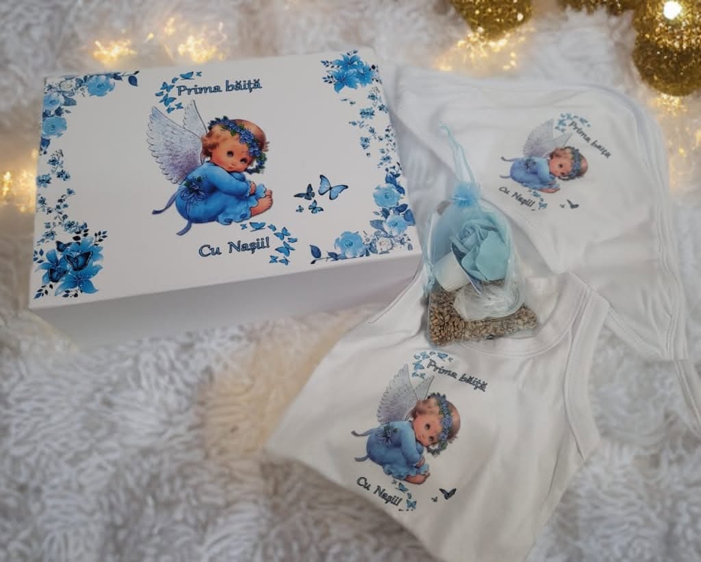 Cutie Prima Baita cu Nașii Ingeras Albastru