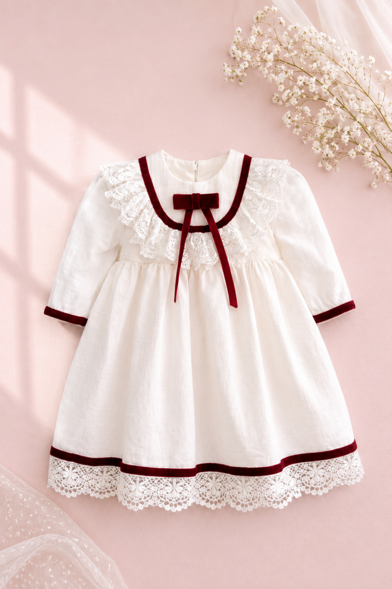 Rochie Eleganta Alba Botez Sau Ocazii pentru Fete cu Dantela si Catifea Bordo