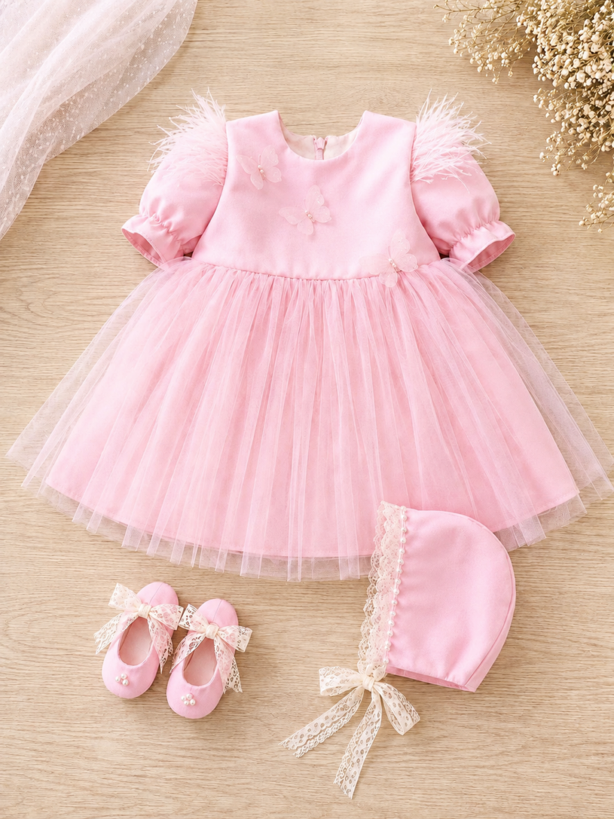 Set Elegant Roz pentru Bebelușe Rochiță cu Tulle Bonetă și Pantofiori pentru Botez