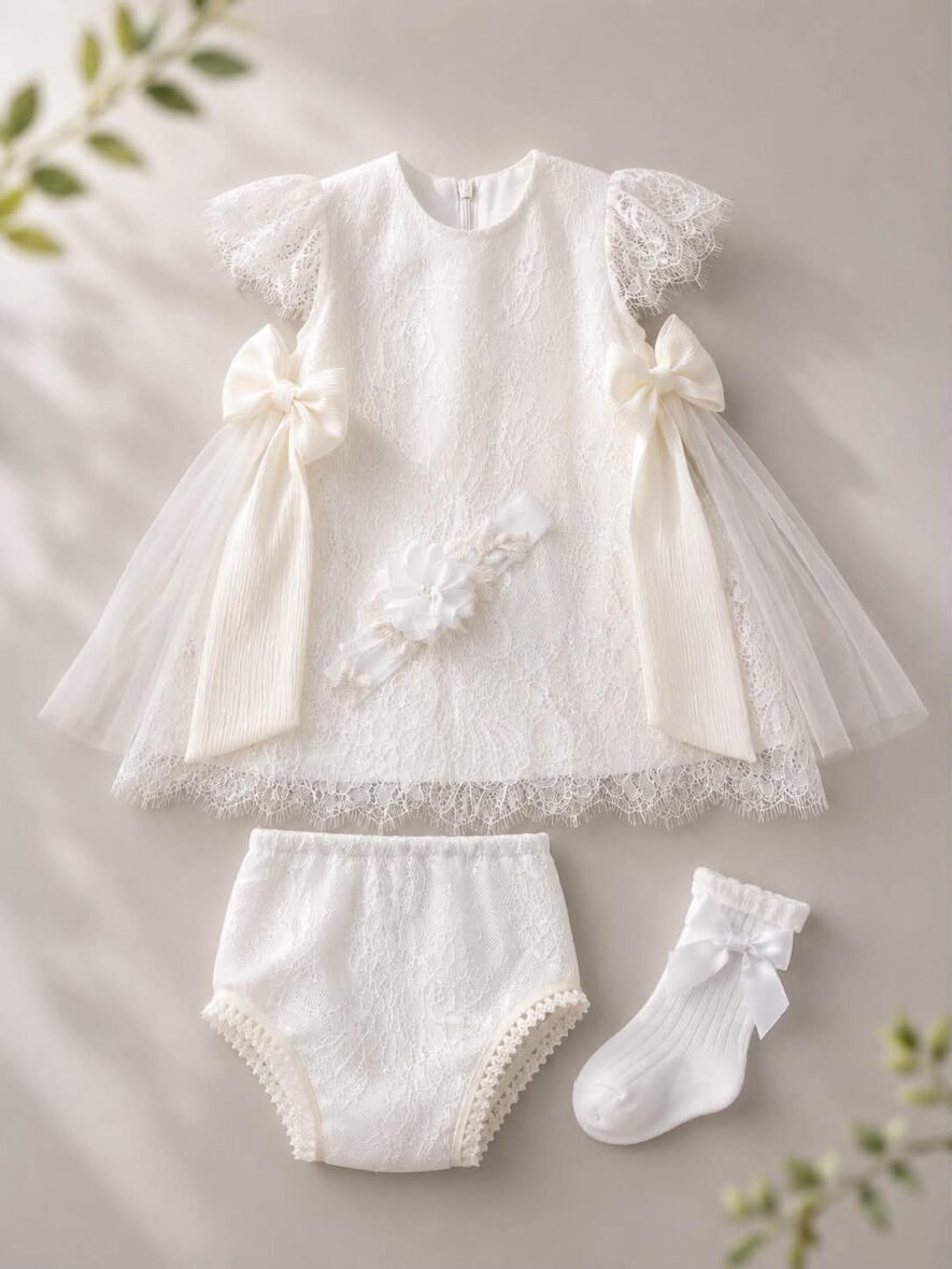 Set Rochie Alba Botez pentru Fete cu Funde si Dantela Chantilly Chilotei si ciorapei