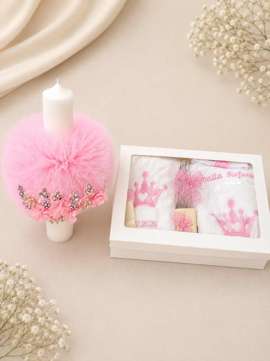 Trusou de Botez Personalizat cu Coroană de Prințesă Roz cu Lumanare
