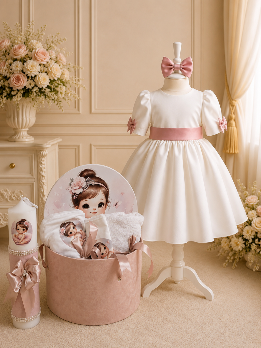 Trusou Botez Fetiță Prințesă Roz Pudră Set Complet cu Rochiță și Lumânare