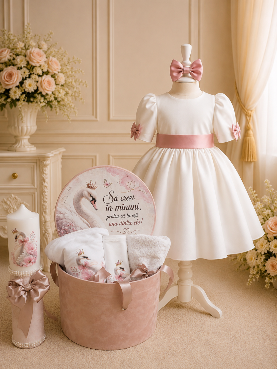 Trusou Botez Fetiță Lebădă Roz Pudră Set Complet