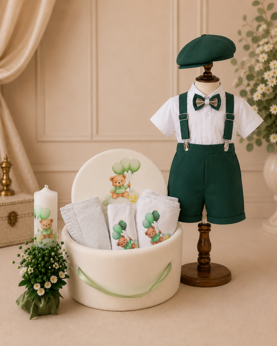 Trusou Botez Ursuleț cu Baloane Verde Set Complet