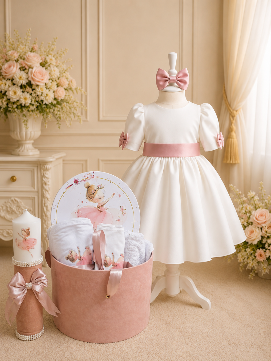 Trusou Botez Fetiță Balerină Alb Roz Pudră Set Complet