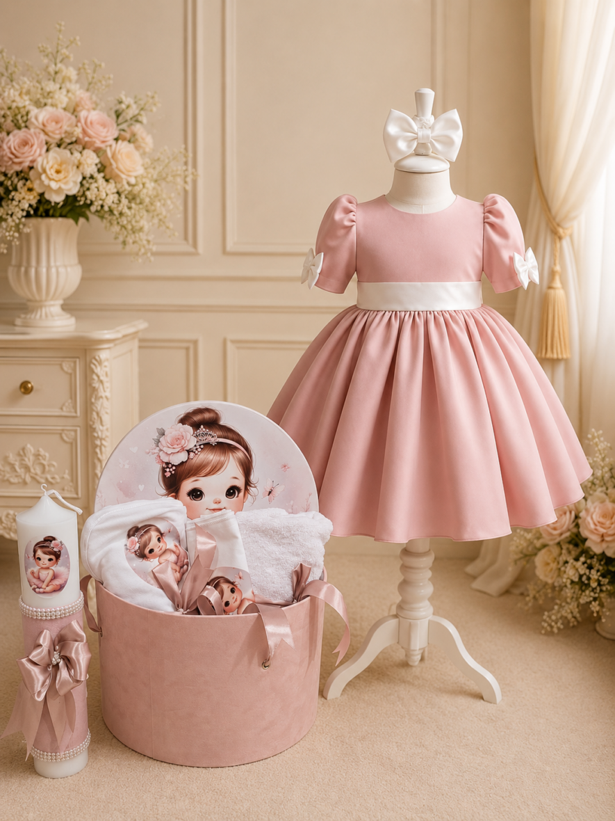 Trusou Botez Fetiță Prințesă Roz Pudră Set Complet cu Rochiță și Lumânare