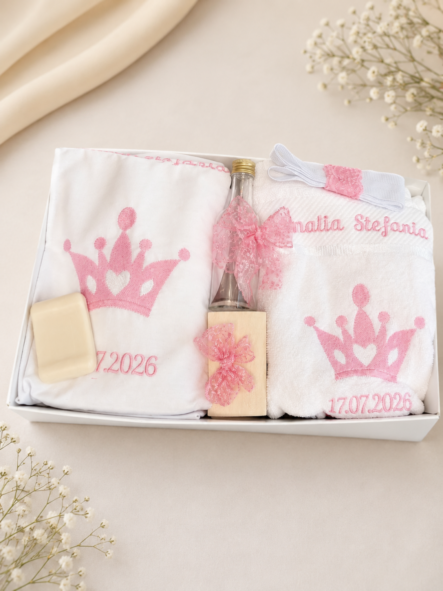 Trusou de botez personalizat cu Coroana Printesa Roz