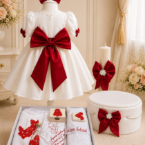 Set Botez Fetiță cu Rochiță Albă și Funde Roșii