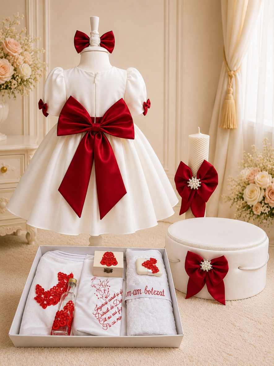 Set Botez Fetiță cu Rochiță Albă și Funde Roșii Trusou și Lumânare