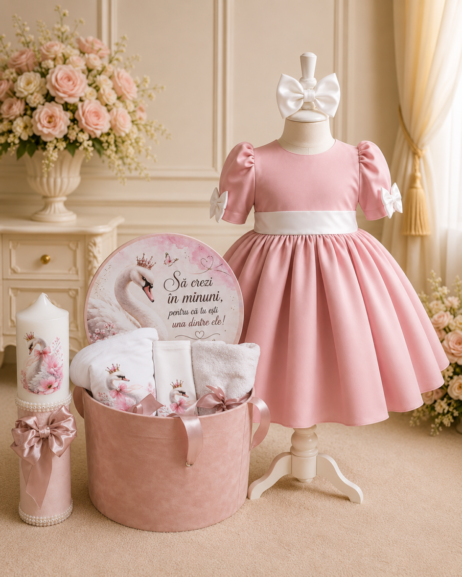 Trusou Botez Fetiță Lebădă Roz Pudră Set Complet