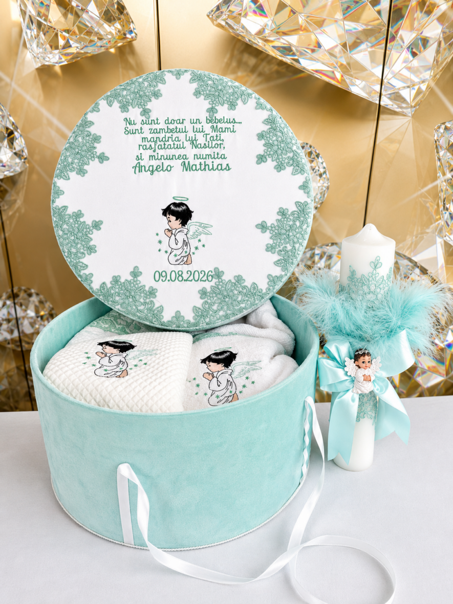 Trusou Botez Personalizat Ingeras Turcoaz cu Lumanare