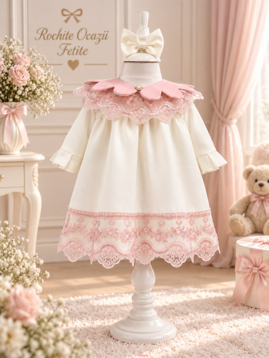 Rochiță Botez Fetiță Ivoire cu Dantelă Roz și Guler Elegant