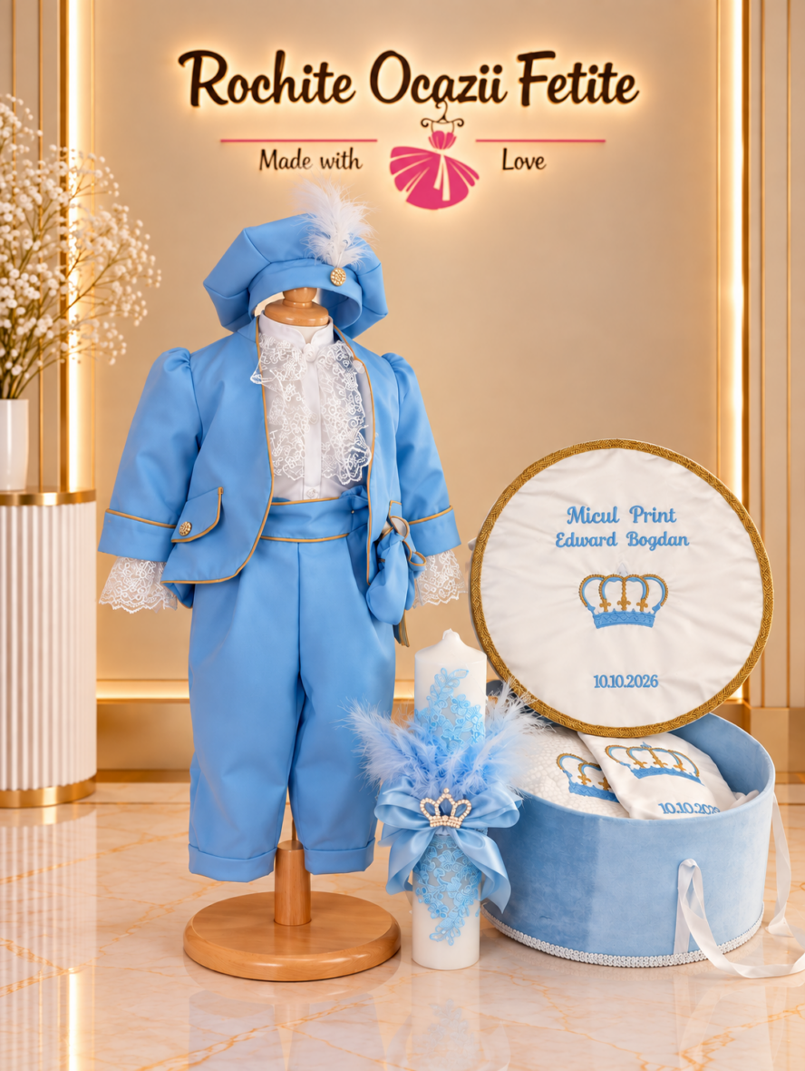 Trusou Botez Baieti Complet Coroana Print Bleu