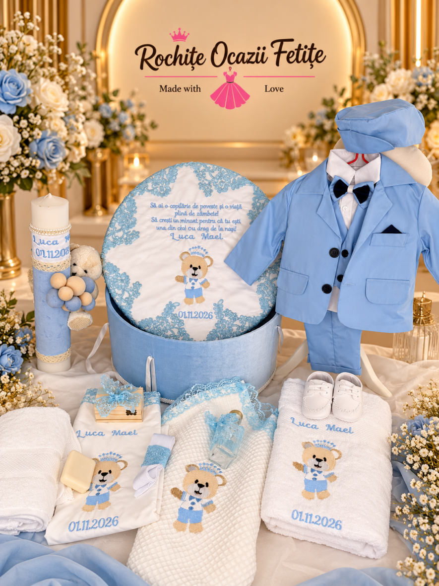 Trusou Botez Brodat Baieti Complet Ursulet Bleu