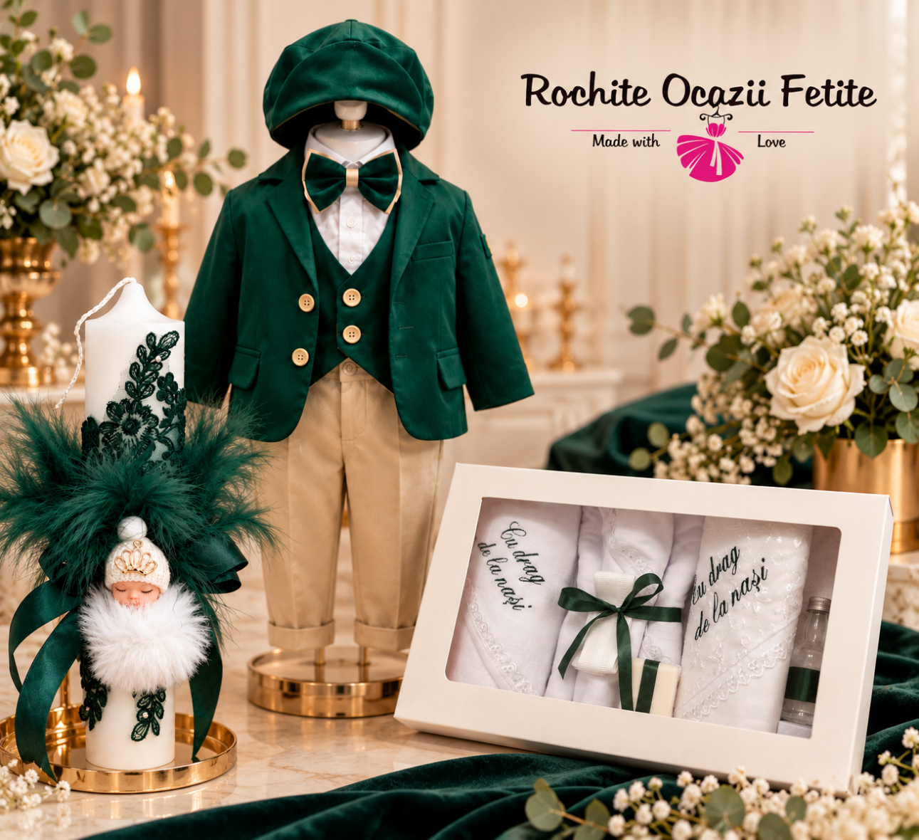 Trusou Botez Complet Băiețel cu Lumânare și Costum Elegant Verde