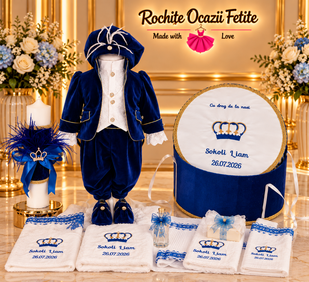 Trusou Botez Baieti Complet Coroana Print Albastru