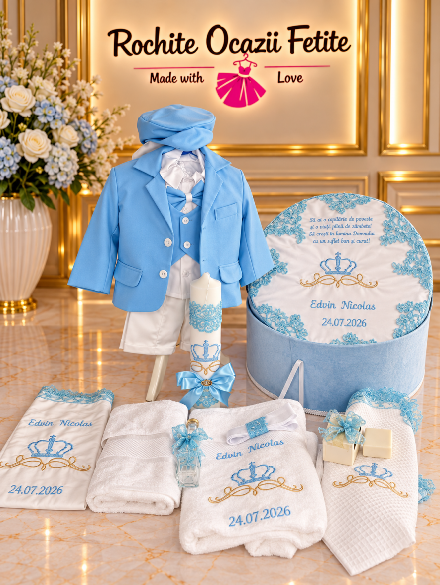 Trusou Botez Baieti Complet Coroana Print Bleu