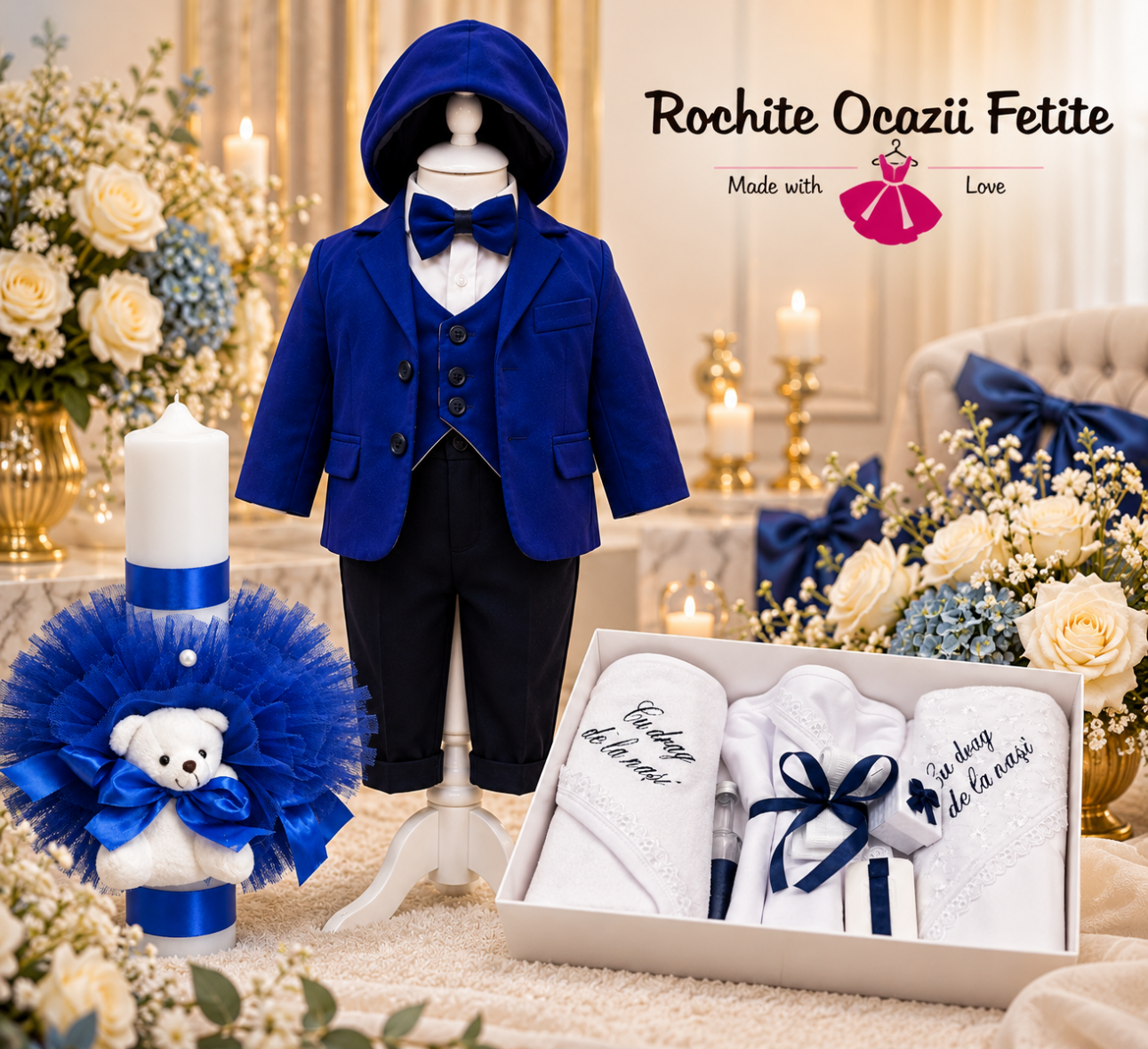 Trusou Botez Complet Băiețel cu Lumânare și Costum Elegant Albastru