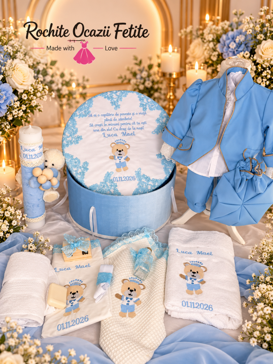 Trusou Botez Brodat Baieti Complet Ursulet Bleu