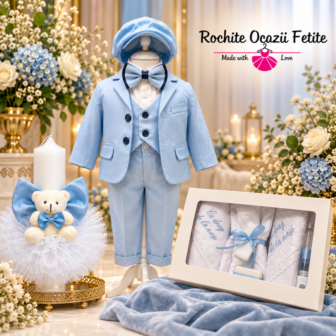 Trusou Botez Complet Băiețel cu Lumânare și Costum Elegant Bleu