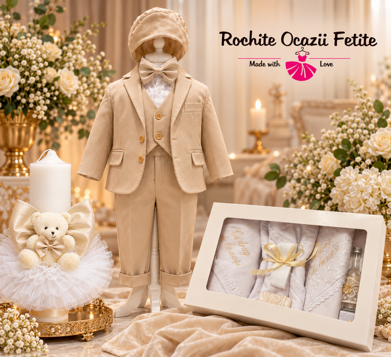Trusou Botez Complet Băiețel cu Lumânare și Costum Elegant Crem