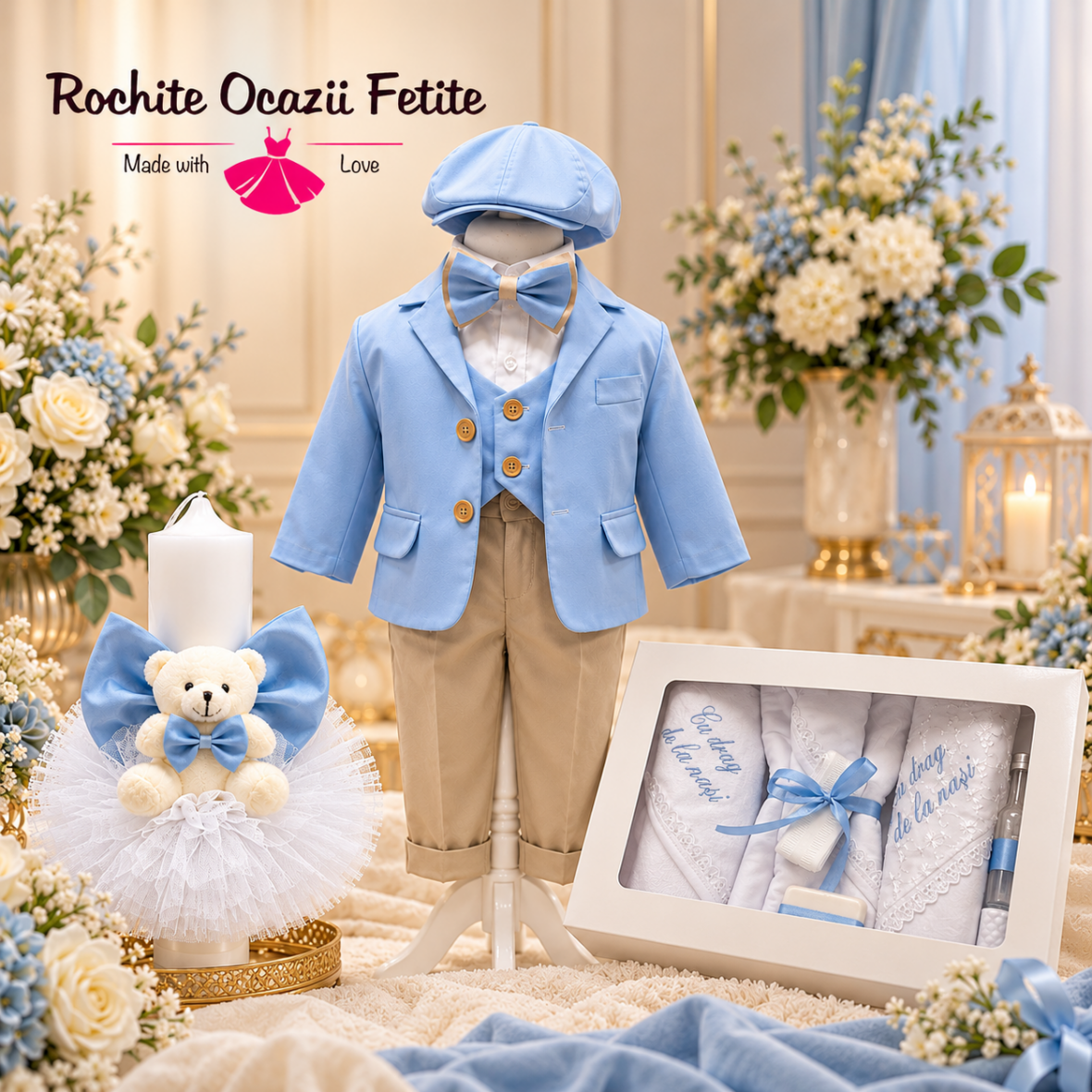 Trusou Botez Complet Băiețel cu Lumânare și Costum Elegant Bleu